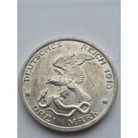 3 марки 1913 года. Германская империя, Пруссия (1871-1917). 100 лет объявлению войны против Франции - Битва народов. Гурт 'GOTT MIT UNS'. Серебро 900. Монета не чищена. Остатки ШБ. В2 45796.