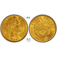 5 песо 1924 г. B. Колумбия. Симон Боливар. PCGS MS 62. Золото. КМ# 201.1