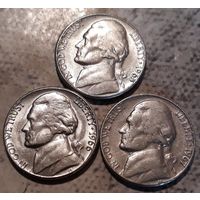 5 центов ( никель) 1965.1966.1967 США  без обозначения МД 3 монеты
