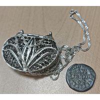 Сумочка посеребрение?. С серебряной цепочкой. СССР. Скань