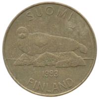 Финляндская Республика (Финляндия). 5 марок 1993 М. Фауна. Сайменская нерпа. Стрекоза.