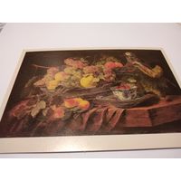 Открытка чистая  1989г. Ян Фейт. Натюрморт с цветами, фруктами и попугаем.