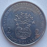 Восточные Карибы 2 доллара 2011 г. 10 лет Финансовому Месяцу