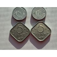 Сборный лот 5 центов Нидерландские Антильские острова. Лот состоит из 4-х монет. Монеты не чищены. 45239