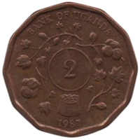 Республика Уганда. 2 шиллинга 1987. Ветви хлопка. Год тип.