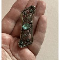 Брошь Антикварная Аквамариновое стекло Чехия Шомпольная застёжка клеймо