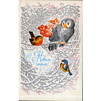 Подписанная открытка 1976г. "С Новым годом! Птицы с рябиновой веткой" худ. А. Любезнов