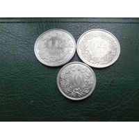 Швейцария 1 фр. 1989 г, 1 фр. 2020 г , 10 рапен 1977 г