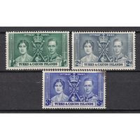 18.BrKS. Великобритания. Колонии.  Теркс и Кайкос. Коронация Георга VI и Елизаветы. 1937 г. Полная серия. Mi.##115-117. (*) - описание.