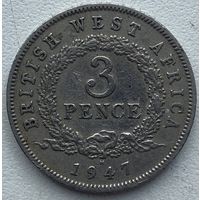 Британская Западная Африка 3 пенса 1947 г. Отметка монетного двора "H" - Хитон, Бирмингем