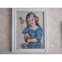 Вышивка, старинная, 48х37см. 30-40г. Редчайшая.