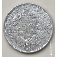 Боливия 50 сентаво 1901 год серебро