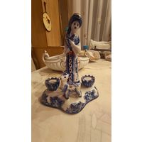 Фарфоровая статуэтка Алёнушка с козлёнком в стиле Гжель авторская работа