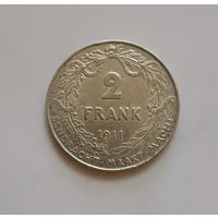 2 франка. 1911 г . 835пр., Бельгия.Король Альберт I .