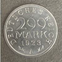 Монета 200 марок 1923 год. Веймарская республика. Монетный двор Берлин.