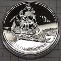 1 доллар Канады 1999 года. 225- летию экспедиции Хуана Переса и открытию острова Королевы Шарлотты. Серебро 925 пр.
