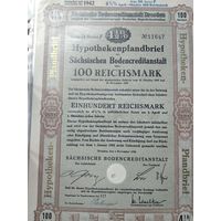 Германия, Третий Рейх, Дрезден 1936, Земельная Облигация, 100 Рейхсмарок -4,5%, Водяные знаки, Тиснение. Размер - А4