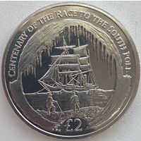 Южная Георгия и Южные Сандвичевы острова 2 фунта 2010 г. 100 лет Британской антарктической экспедиции. Парусник. Корабль