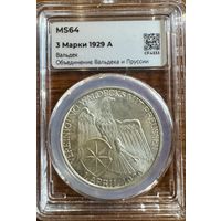 3 марки 1929А Германия Обьединение Вальдека и Пруссии мини-слаб MS64