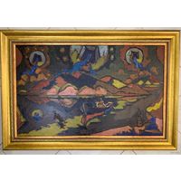 Кищенко А.М;114/78см.с учетом рамы "По реке жизни", ДВП,масло.Размер с рамой 114х78см.