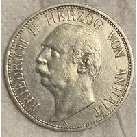 Монета 3 марки 1909 год. Ангальт. Германская империя. Фридрих II Герцог Ангальта.