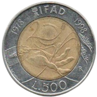 Итальянская Республика (Италия). 500 лир 1998 г. 20 лет IFAD /Международный фонд сельскохозяйственного развития/