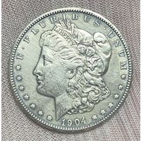 Монета 1 доллар 1904 год. США. Доллар Моргана. Монетный  двор: "O" - Новый Орлеан