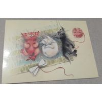 Посткроссинг. Открытка Котики на коврике, худ.Юлия Корякина (10х15). Прошла почту. Художественные марки, чёткий штемпель.