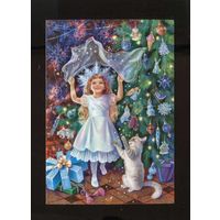 Открытка. Дети. Ребенок. С новым годом! Кот. Котик. Елочка. Утренник. Снежинка. Художник.Таня Сытая (чистая)
