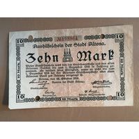 Германия, 10 марок, 1918 год, Альтона Hamburg (HAM), 012.05., B3, В/з Kreuzmaander, банковское гашение