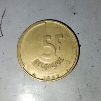 5 франков 1987 года Бельгия (надпись на французском ом "BELGIQUE"). Король Бодуэн 1(1948-1993).