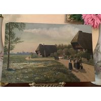 Картина Антикварная Домик в горах Деревня Масло на доске ХlX век ? Европа цена за пару