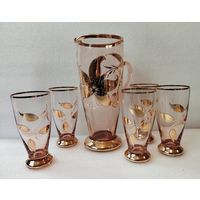Кувшин золотая Лилия (1,85 литра) и 5 стаканов (350 мл). Чехословакия