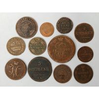 Монета 1 копейка, 2 копейки, 3 копейки, 5 копеек. Царизм. Одним лотом 12 монет. С рубля.