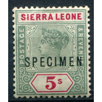 Британские колонии - Сьерра-Леоне - 1896/97г. - королева Виктория, надпечатка Specimen (образец), 5 Sh - 1 марка - MNH, вмятинка у верхнего левого уголка [Mi 35]. #4-B5-110-A-2
