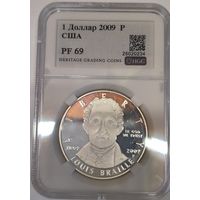 С рубля без мц! 1 доллар 2009 США pf 69 крупное серебро