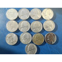 13 монет США 5 центов в тч юбилейные. Одна монета 1941 г