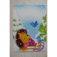 Современная открытка, Ежик, зима, санки; чистая.