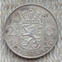 Нидерланды 2 1/2 гульдена 1959 года, AU. Королева Юлиана. Серебро. Предложи свою цену или обмен!