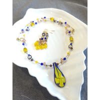 Кулон-бусы-колье и серьги из муранского стекла (Murano) "Желтый цветок" ручная уникальная работа