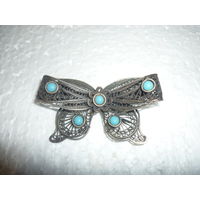 Антикварная Серебряная Брошь Бант С Бирюзой Филигрань 20-30-ые