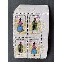 ГДР 1964 Кварт блок марок серии "Национальный костюм" (чистые**, правый угол края прикрепленного листа имеет узкое место, но марки не затрагивает) Mi.1078-1079 каталог 10.00 евро