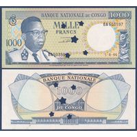 Конго, 1000 франков 1964 г., P-8a (BA, первый президент Конго, перфорация), aUNC+