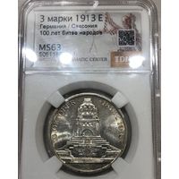 3 марки 1913 Саксония MS 63 - битва под Лейпцигом. Яркая! В патине!