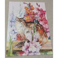 Посткроссинг. Открытка "В гладиолусах", худ.Елена Андрющенко (10х15). Прошла почту. Художественные марки, чёткий штемпель.