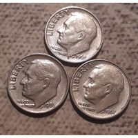 10 центов ( дайм) 1965.1966.1967 США  без обозначения МД 3 монеты