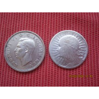 Серебряные монеты Британии-1 шиллинг 1946г. и 2 злотых 1933г. Польша.