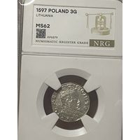 3 гроша 1597 Вильно! MS62 штемпельный блеск!
