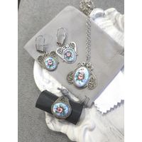 Комплект серьги, кулон и кольцо, филигрань скань, финифть, винтаж, СССР, мельхиор