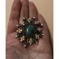 Брошь Нарядная вставка под Бирюзу стразы Аврора Бореалис Германия